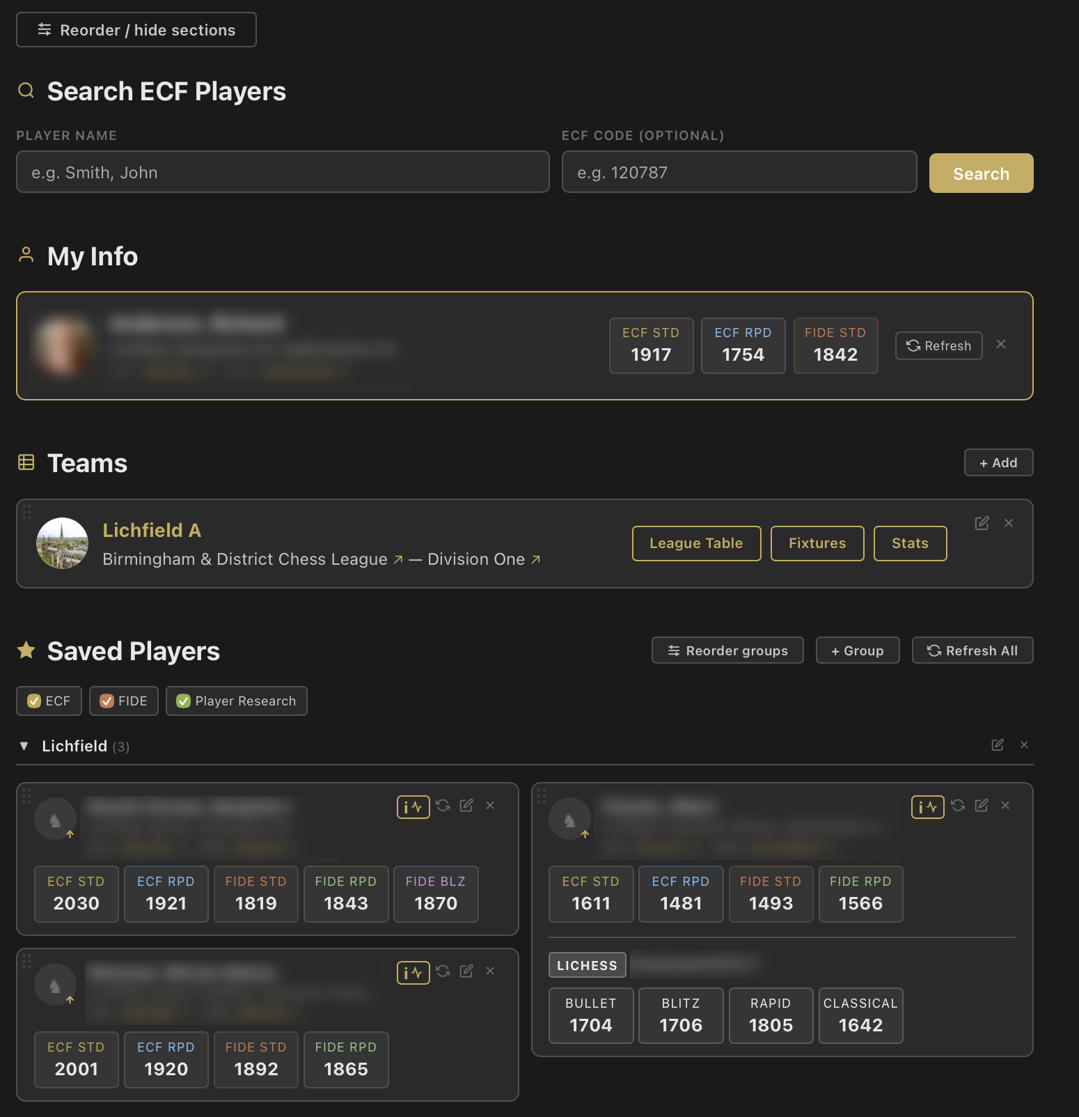 OTB Player and Team Info page