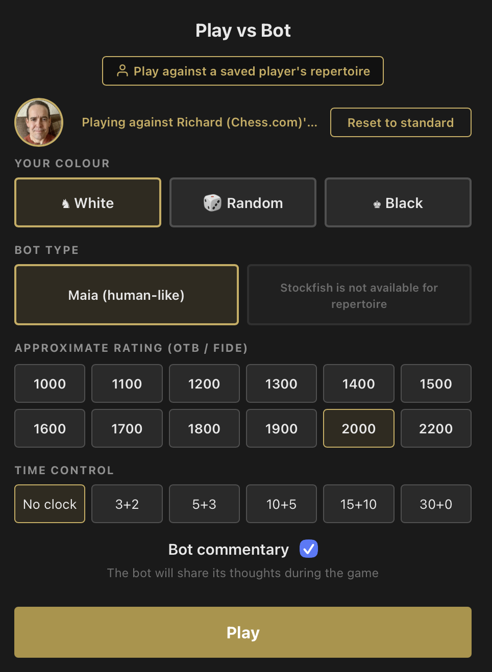 Play against a saved player's repertoire