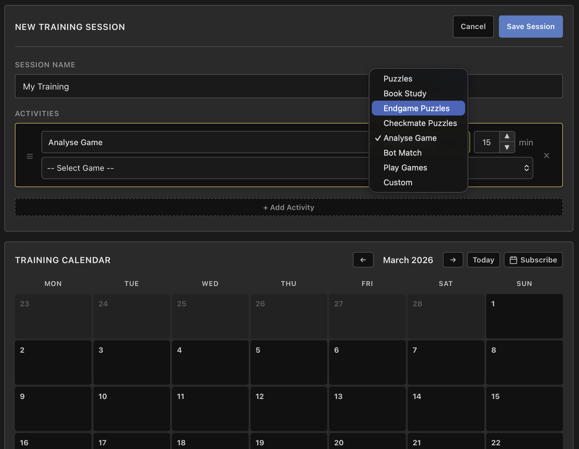 New training session editor
