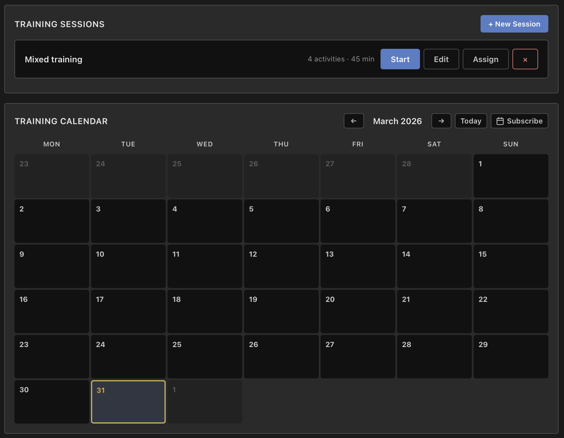 Training sessions and calendar